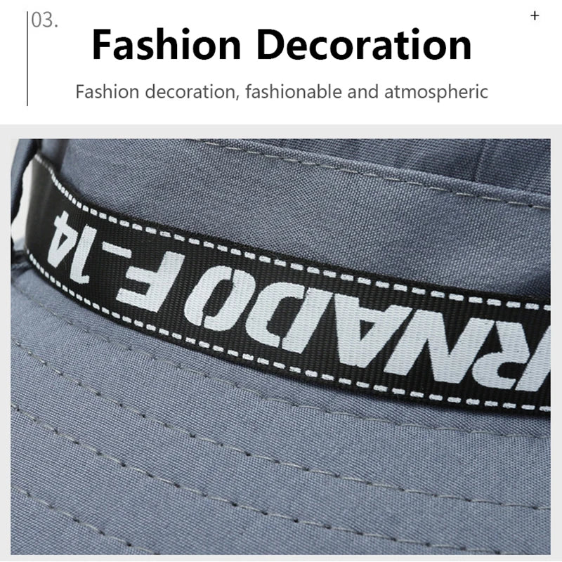 Windproof Men Outdoor Hat Wide Brim Flat Top Men Camping Hat Letter Print Anti-UV Strap Hollow Out Men Fisherman Hat Headwear