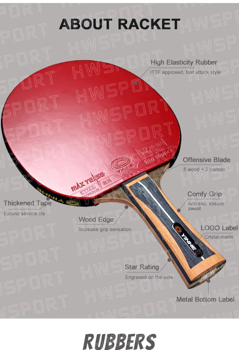 YINHE Professional Table Tennis Racket Pre-made 12 13 14 15 Star Ping Pong Racket Paddle 5 Wood 2 Carbon Offensive Bat for Speed