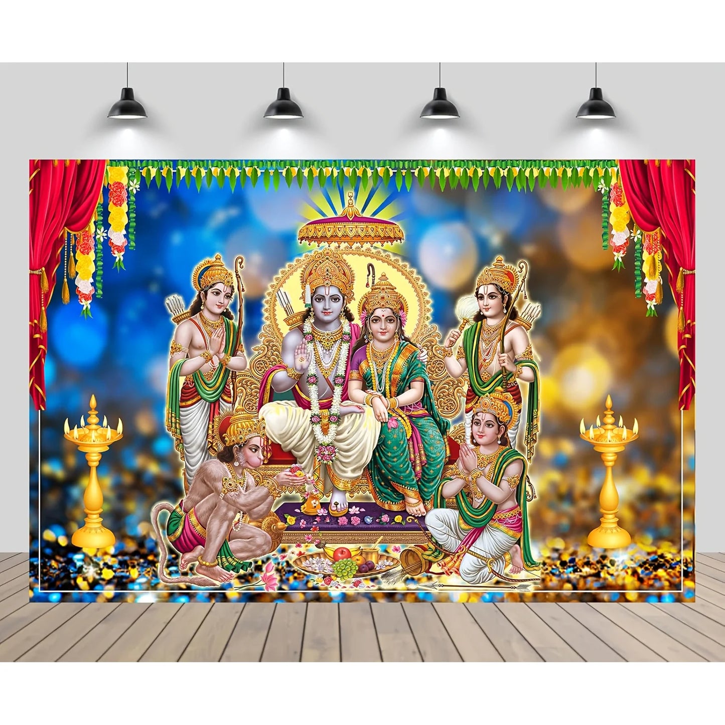 Indian Hindu deity background - including elephant head god, Ram Sita, and Hanuman - bright vinyl temple decorations