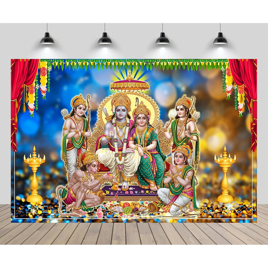 Indian Hindu deity background - including elephant head god, Ram Sita, and Hanuman - bright vinyl temple decorations