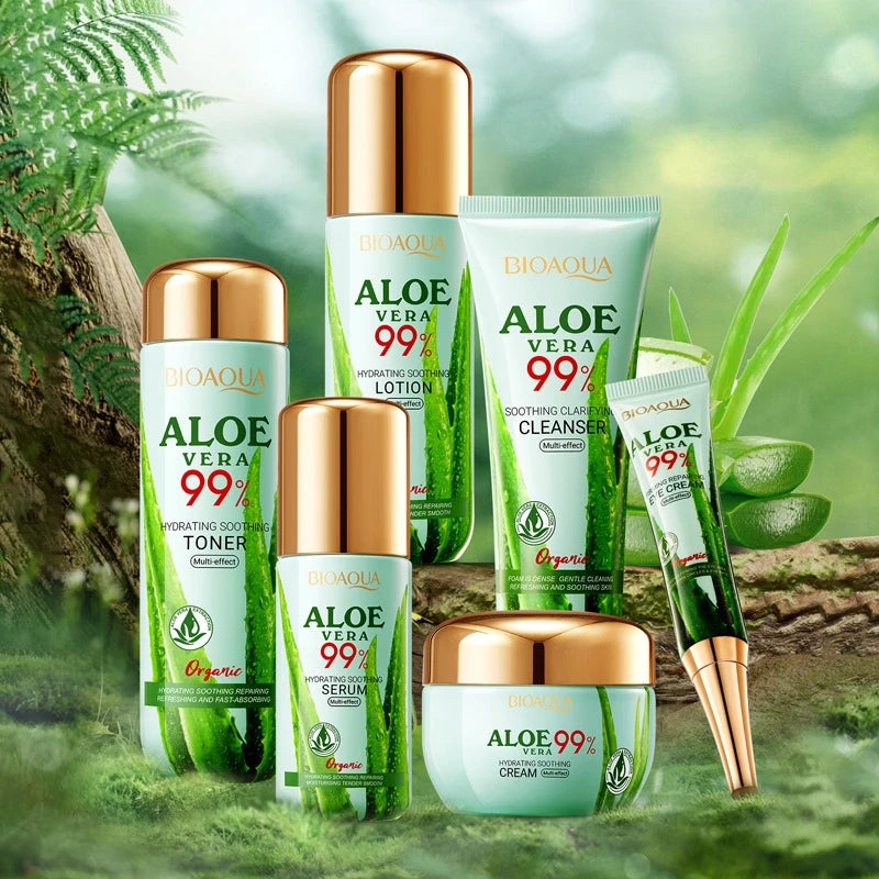Aloe Vera Moisturizing and Beautifying Six-Piece Skincare Set, Including Facial Cleanser, Toner, Lotion, Essence, Face Cream, Eye Cream, Contains Sodium Hyaluronate, Aloe Vera Extract, and Other Ingredients, Daily Skincare Ro