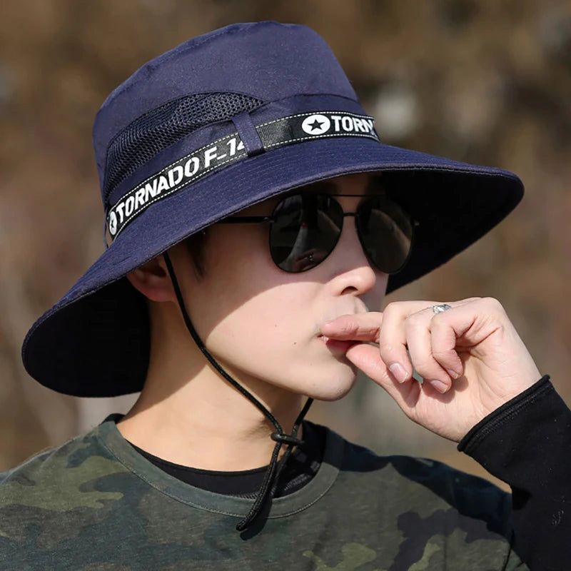 Windproof Men Outdoor Hat Wide Brim Flat Top Men Camping Hat Letter Print Anti-UV Strap Hollow Out Men Fisherman Hat Headwear