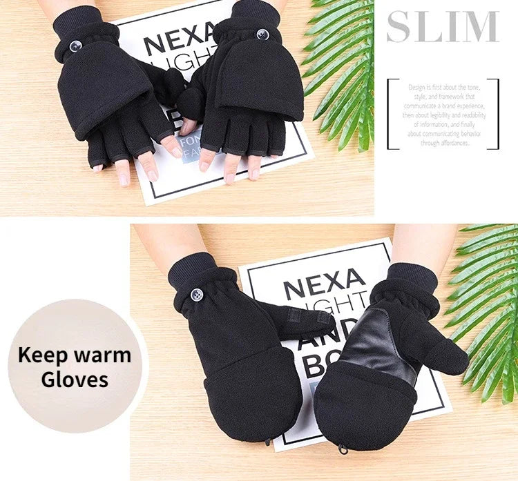 Winter Gloves Fingerless Convertible Warm Thermal Mittens Gloves Windproof Polar Fleece Warm men women double-layer Flap Gloves