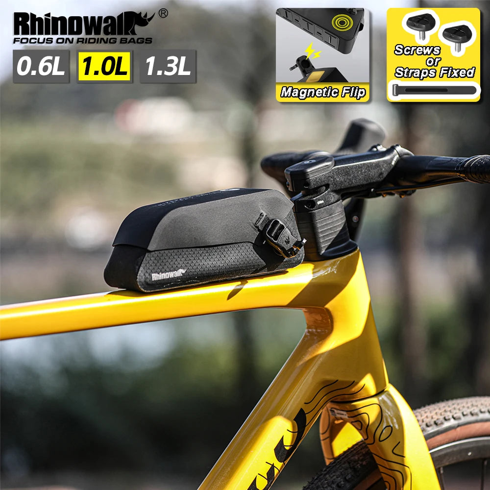 Rhinowalk Bike Top Tube Bag 0.6L/1.3L IPX4 Waterproof Magnetic Flip Front Frame Bag Anti-Slip Bikepacking For MTB Road Gravel