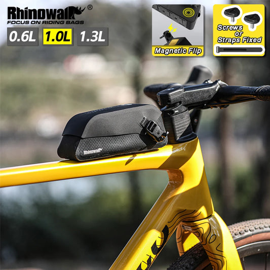 Rhinowalk Bike Top Tube Bag 0.6L/1.3L IPX4 Waterproof Magnetic Flip Front Frame Bag Anti-Slip Bikepacking For MTB Road Gravel