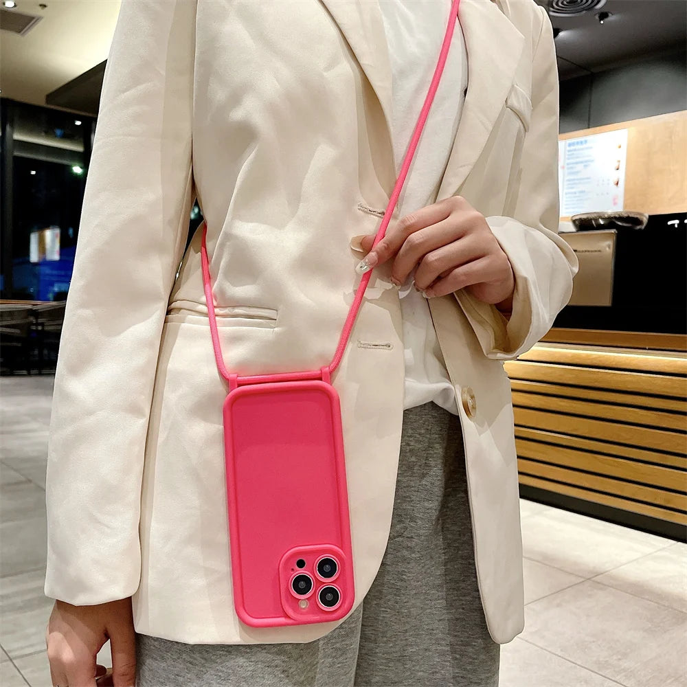 Phone Case For iPhone 14 13 15 16 Pro Max 17 Air 16E 12 11 X XS 8 Plus SE2022 Crossbody Adjustable Lanyard Strap Rope Soft Cover