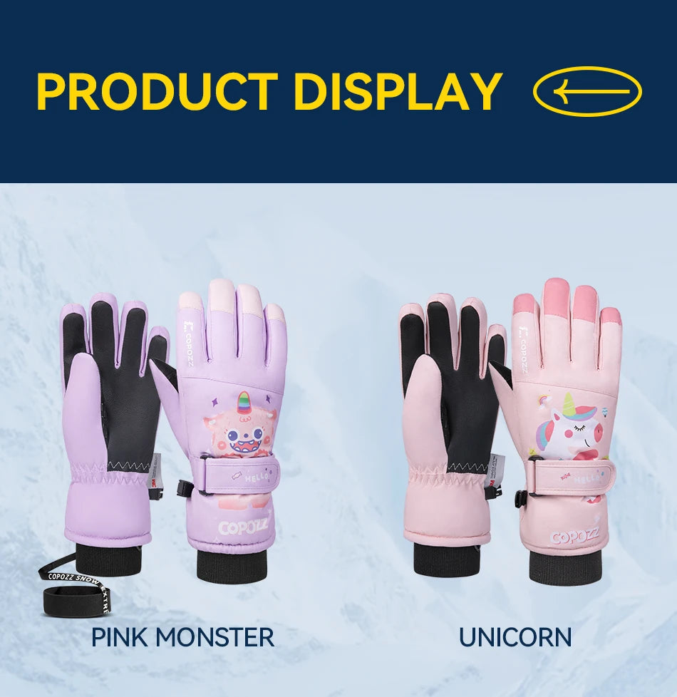 COPOZZ New Children's Ski Gloves 3M Thinsulate Wear resistant Winter Thermal Gloves Cartoon Waterproof Snowboard Gloves For Kids