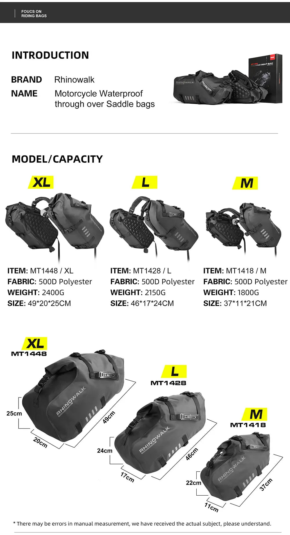 Rhinowalk Motorcycle Side Bag 2PC 100% Waterproof 18L/28L/48L Motorbike Saddle Bag Motor Pannier Bag Saddle Bags Travel Luggage
