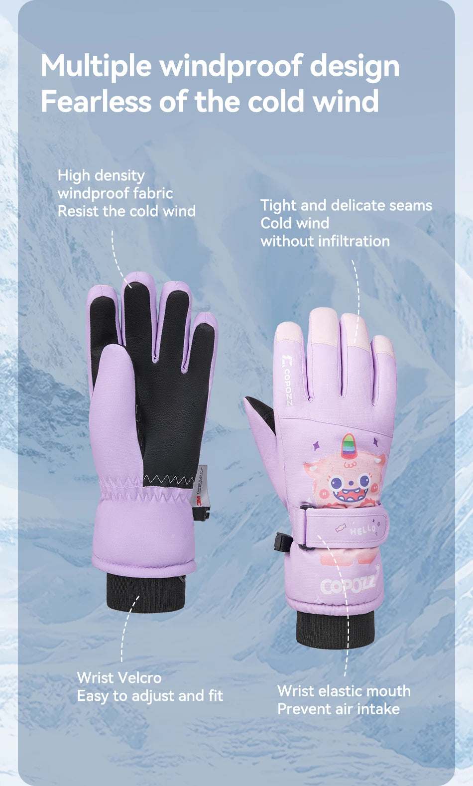 COPOZZ New Children's Ski Gloves 3M Thinsulate Wear resistant Winter Thermal Gloves Cartoon Waterproof Snowboard Gloves For Kids