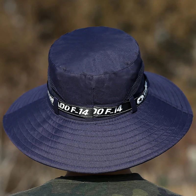 Windproof Men Outdoor Hat Wide Brim Flat Top Men Camping Hat Letter Print Anti-UV Strap Hollow Out Men Fisherman Hat Headwear