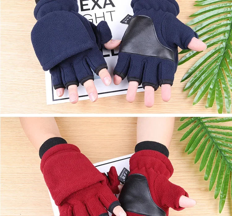 Winter Gloves Fingerless Convertible Warm Thermal Mittens Gloves Windproof Polar Fleece Warm men women double-layer Flap Gloves