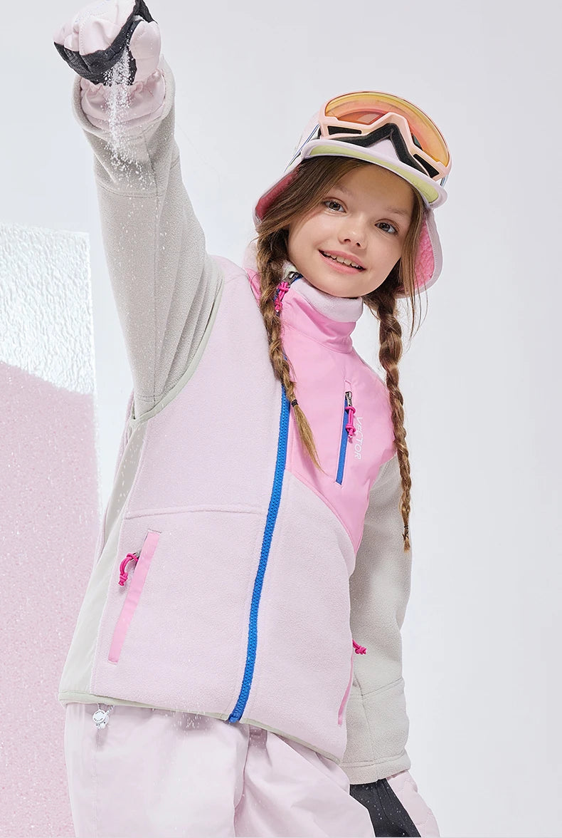 VECTOR Children Boy and Girl Color Clash Fleece Vest Mid Layer Warmth Lock Warm Quick Drying Ski Outdoor Sports Skiing Hiking