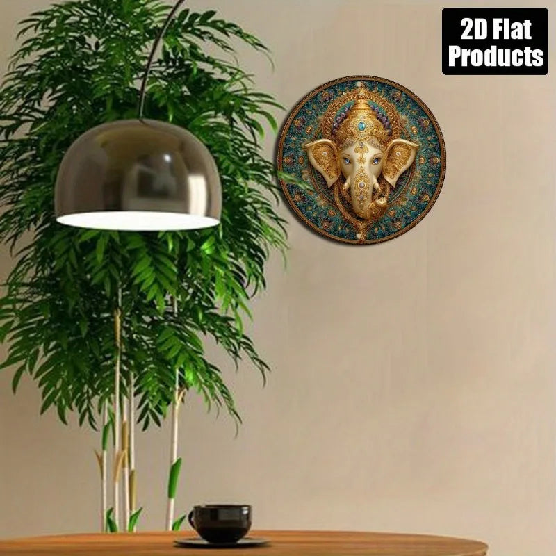 Ganesh, Golden, Jewelry Theme Round Aluminum Sign Decoration Artwork , Suitable for Home, Perfect Holiday Gift for Thanksgiving