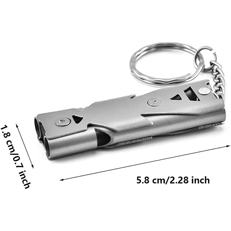 Outdoor EDC Survival Whistle High Decibel Double Pipe Whistle Stainless Steel Alloy Keychain Cheerleading Emergency Multi Tool