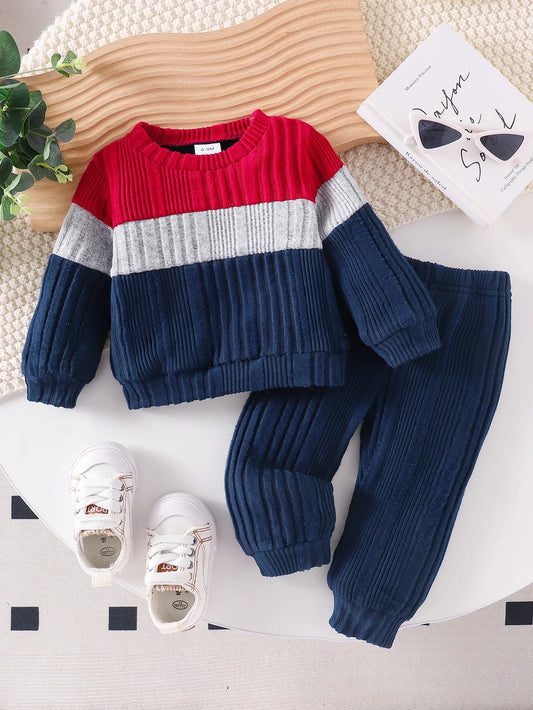 2PCS Autumn new style for boys and babies fashionable casual round-collar color matching top and trousers two-piece set