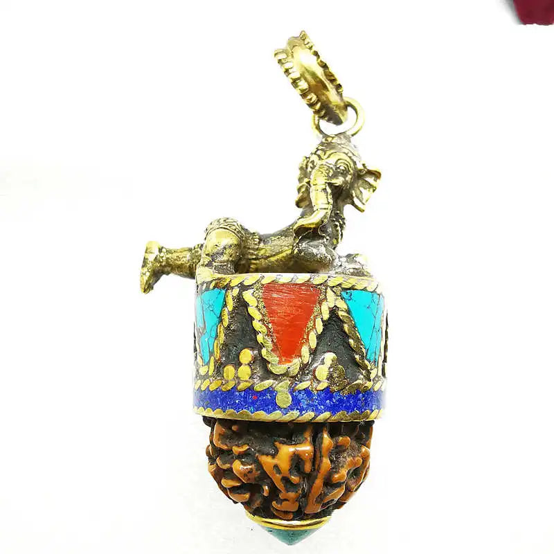 Indian Ganesh Amulet Pendants Pocket Buddha Brass Golden Handicrafts Capped Rudraksha Bodhi Beads TBP661