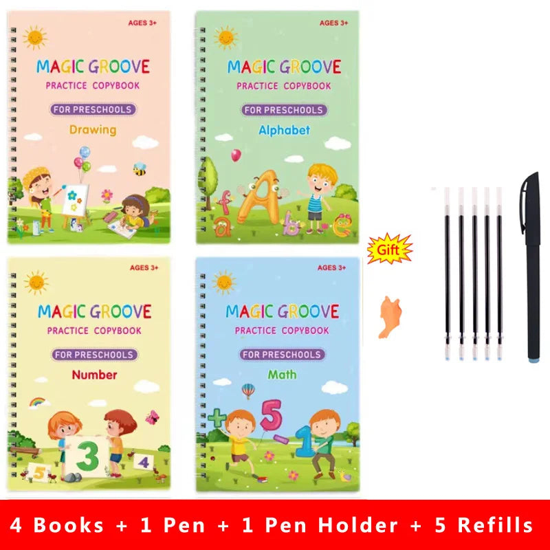 4Pcs Magic Groove Practice Copybook for Kids Reusable Writing Book Uses for Preschool English Calligraphy Free Wiping Learning