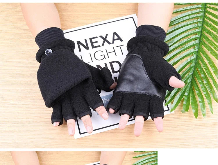 Winter Gloves Fingerless Convertible Warm Thermal Mittens Gloves Windproof Polar Fleece Warm men women double-layer Flap Gloves