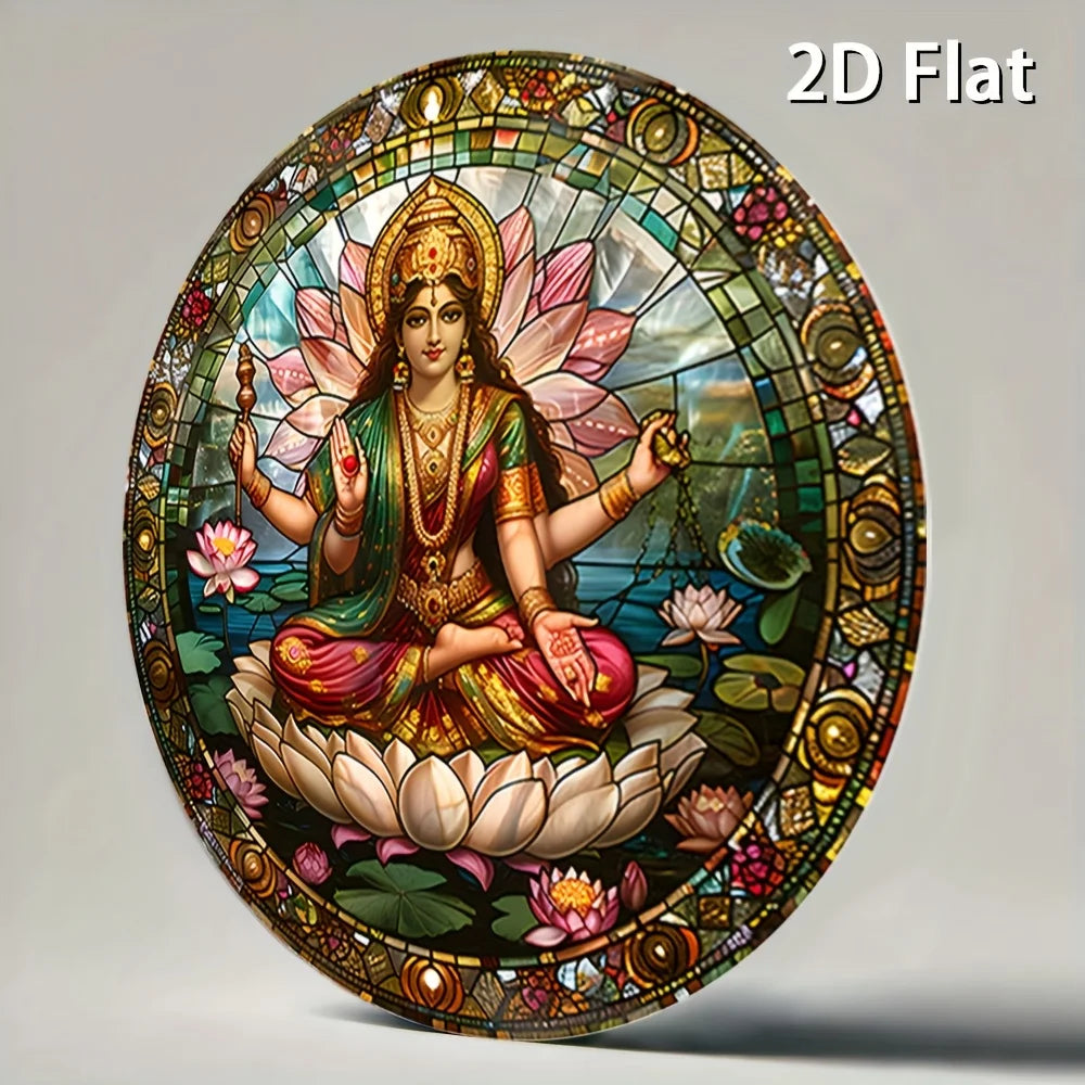 A statue of an Indian goddess sitting on a lotus throne sign,serene and sacred image,ideal spiritual space decoration,room décor