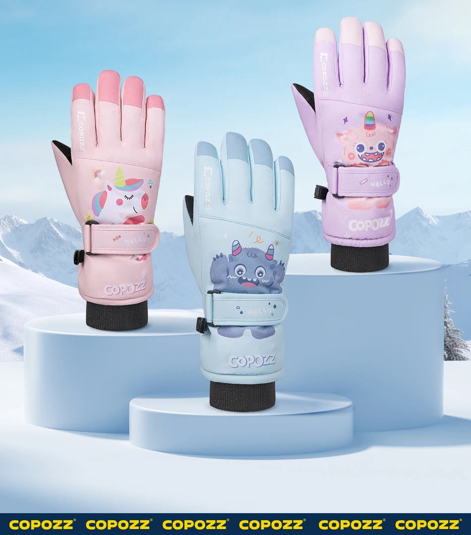 COPOZZ New Children's Ski Gloves 3M Thinsulate Wear resistant Winter Thermal Gloves Cartoon Waterproof Snowboard Gloves For Kids