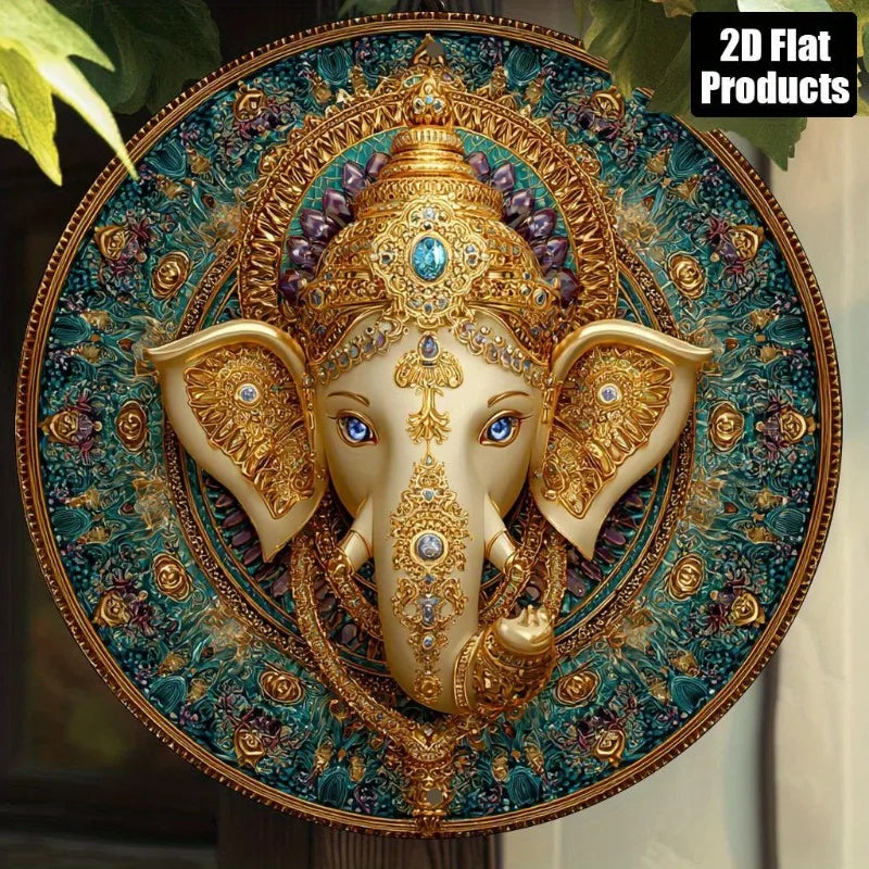 Ganesh, Golden, Jewelry Theme Round Aluminum Sign Decoration Artwork , Suitable for Home, Perfect Holiday Gift for Thanksgiving