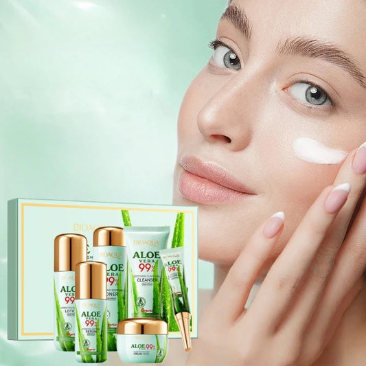 Aloe Vera Moisturizing and Beautifying Six-Piece Skincare Set, Including Facial Cleanser, Toner, Lotion, Essence, Face Cream, Eye Cream, Contains Sodium Hyaluronate, Aloe Vera Extract, and Other Ingredients, Daily Skincare Ro