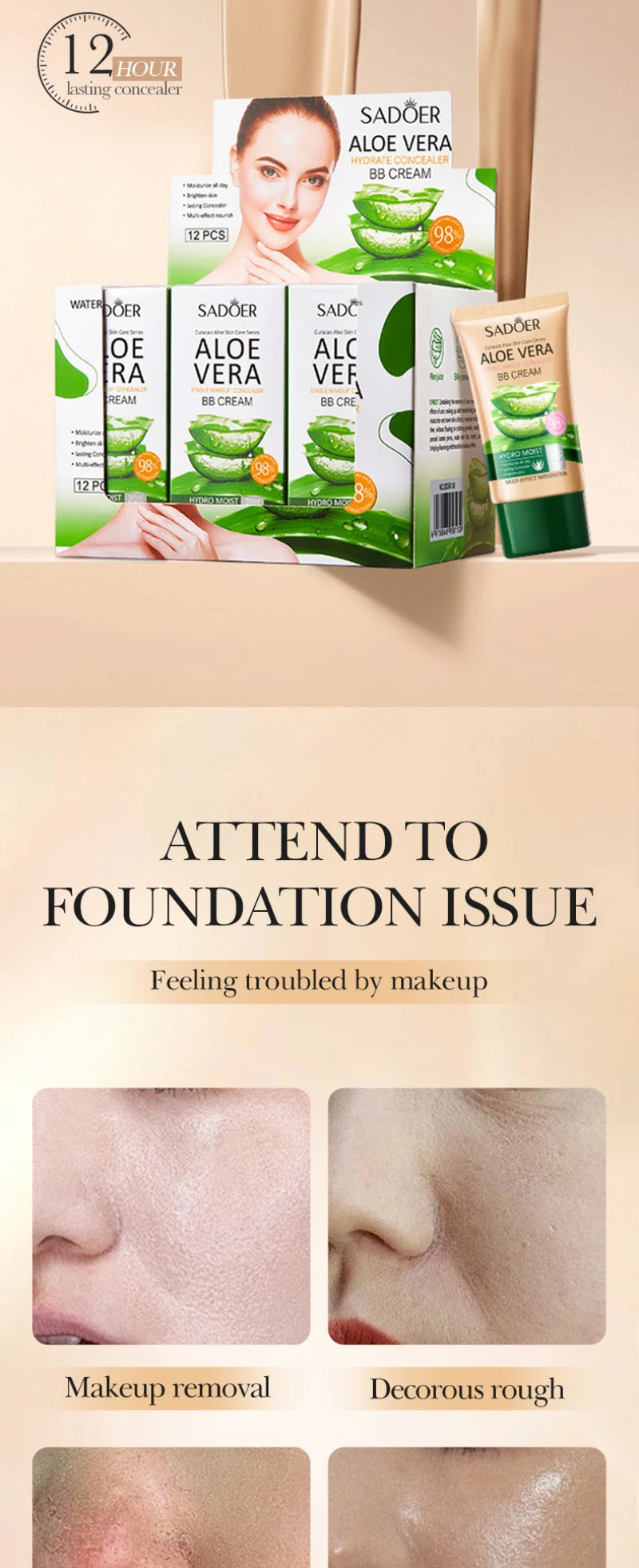 Aloe Vera BB Cream-Hydrating & Concealing Collagen Full Coverage Foundation Makeup,Long-Lasting,Lightweight Coverage Concealer