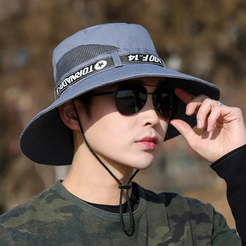 Windproof Men Outdoor Hat Wide Brim Flat Top Men Camping Hat Letter Print Anti-UV Strap Hollow Out Men Fisherman Hat Headwear
