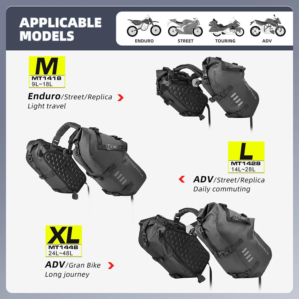 Rhinowalk Motorcycle Side Bag 2PC 100% Waterproof 18L/28L/48L Motorbike Saddle Bag Motor Pannier Bag Saddle Bags Travel Luggage