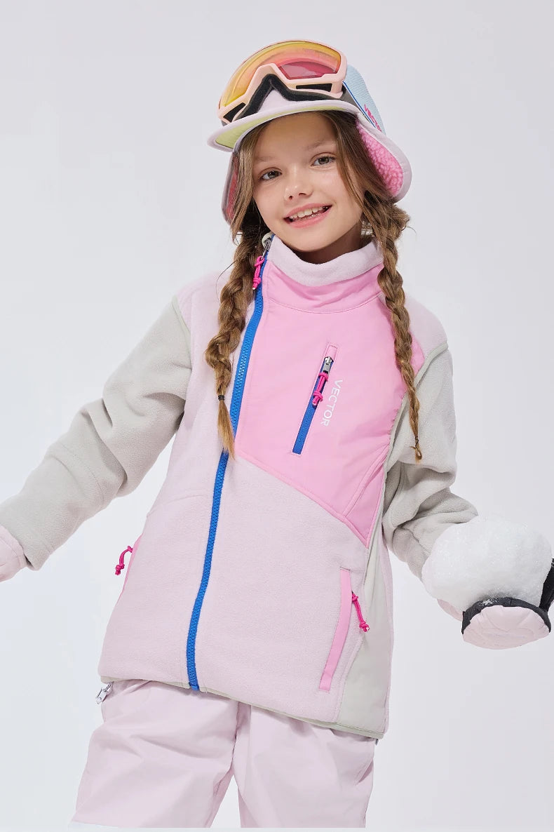 VECTOR Children Boy and Girl Color Clash Fleece Vest Mid Layer Warmth Lock Warm Quick Drying Ski Outdoor Sports Skiing Hiking