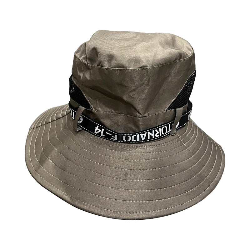 Windproof Men Outdoor Hat Wide Brim Flat Top Men Camping Hat Letter Print Anti-UV Strap Hollow Out Men Fisherman Hat Headwear