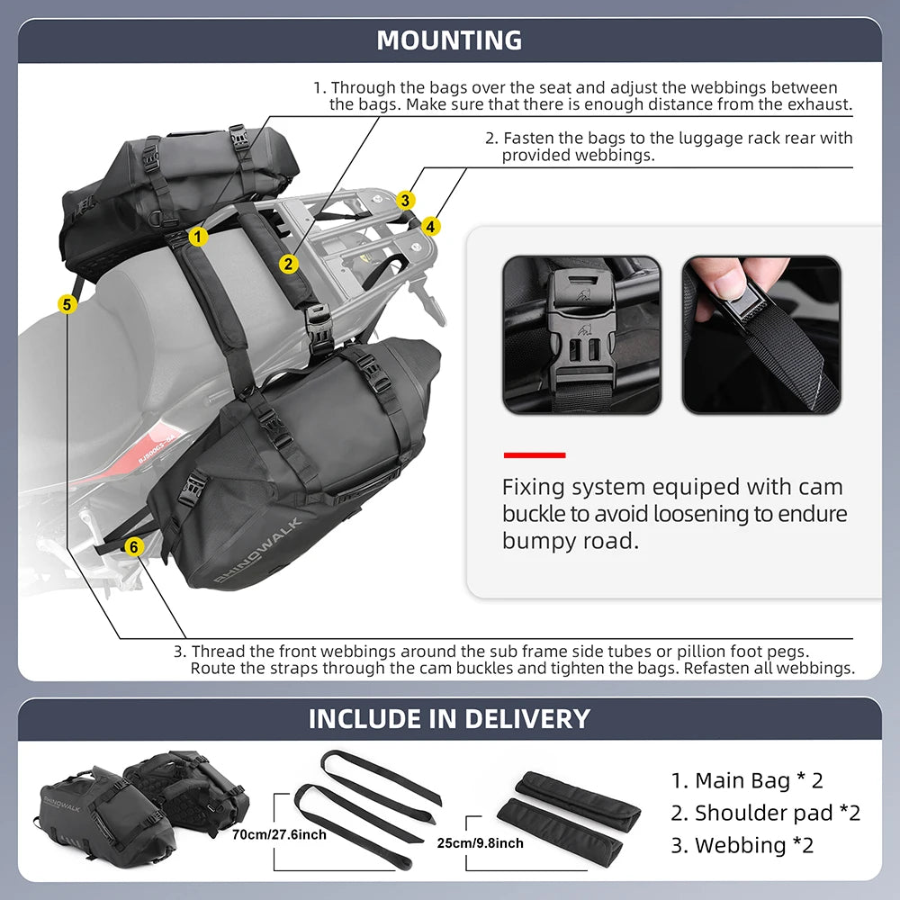 Rhinowalk Motorcycle Side Bag 2PC 100% Waterproof 18L/28L/48L Motorbike Saddle Bag Motor Pannier Bag Saddle Bags Travel Luggage