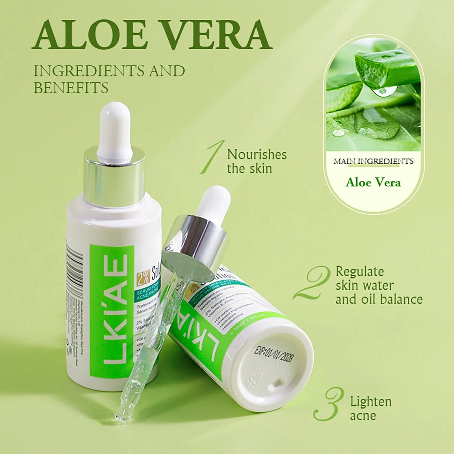 LKIAE Aloe Vera Lightening Face Serum, Idea Facial Essence to Anti Acne, with Vitamin C, Vitamin E, Moisturizing, Clean Skin
