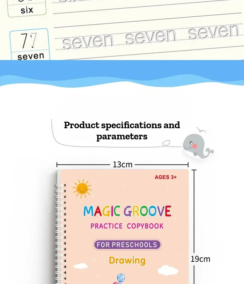 4Pcs Magic Groove Practice Copybook for Kids Reusable Writing Book Uses for Preschool English Calligraphy Free Wiping Learning