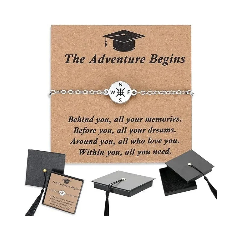 New graduation season and back-to-school season gifts: Doctoral cap gift box, stainless steel compass, woven bracelet, band card