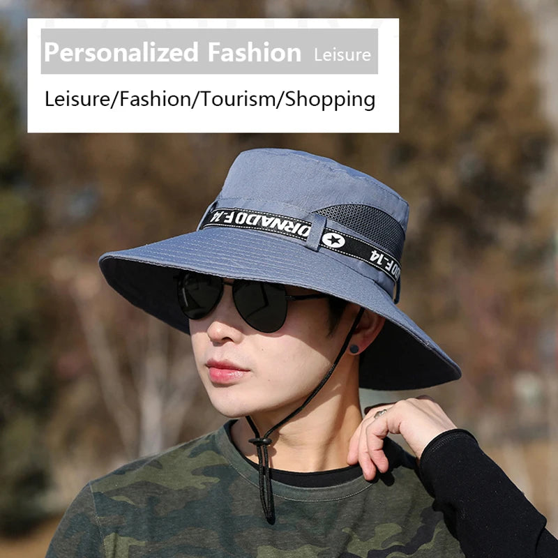Windproof Men Outdoor Hat Wide Brim Flat Top Men Camping Hat Letter Print Anti-UV Strap Hollow Out Men Fisherman Hat Headwear