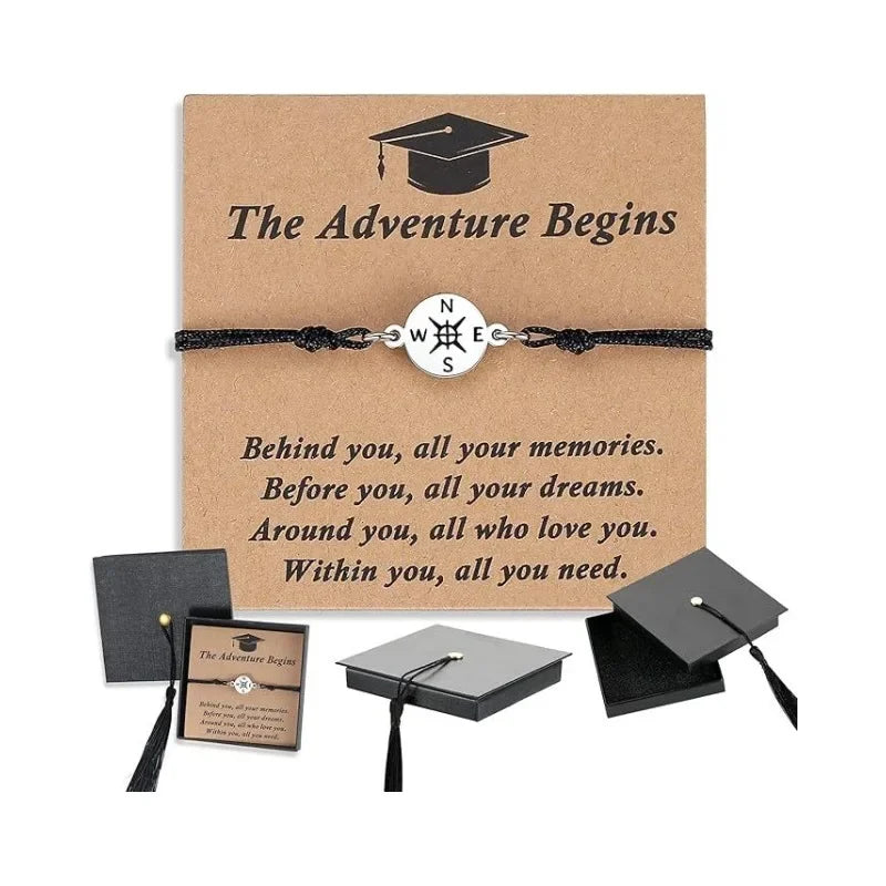 New graduation season and back-to-school season gifts: Doctoral cap gift box, stainless steel compass, woven bracelet, band card