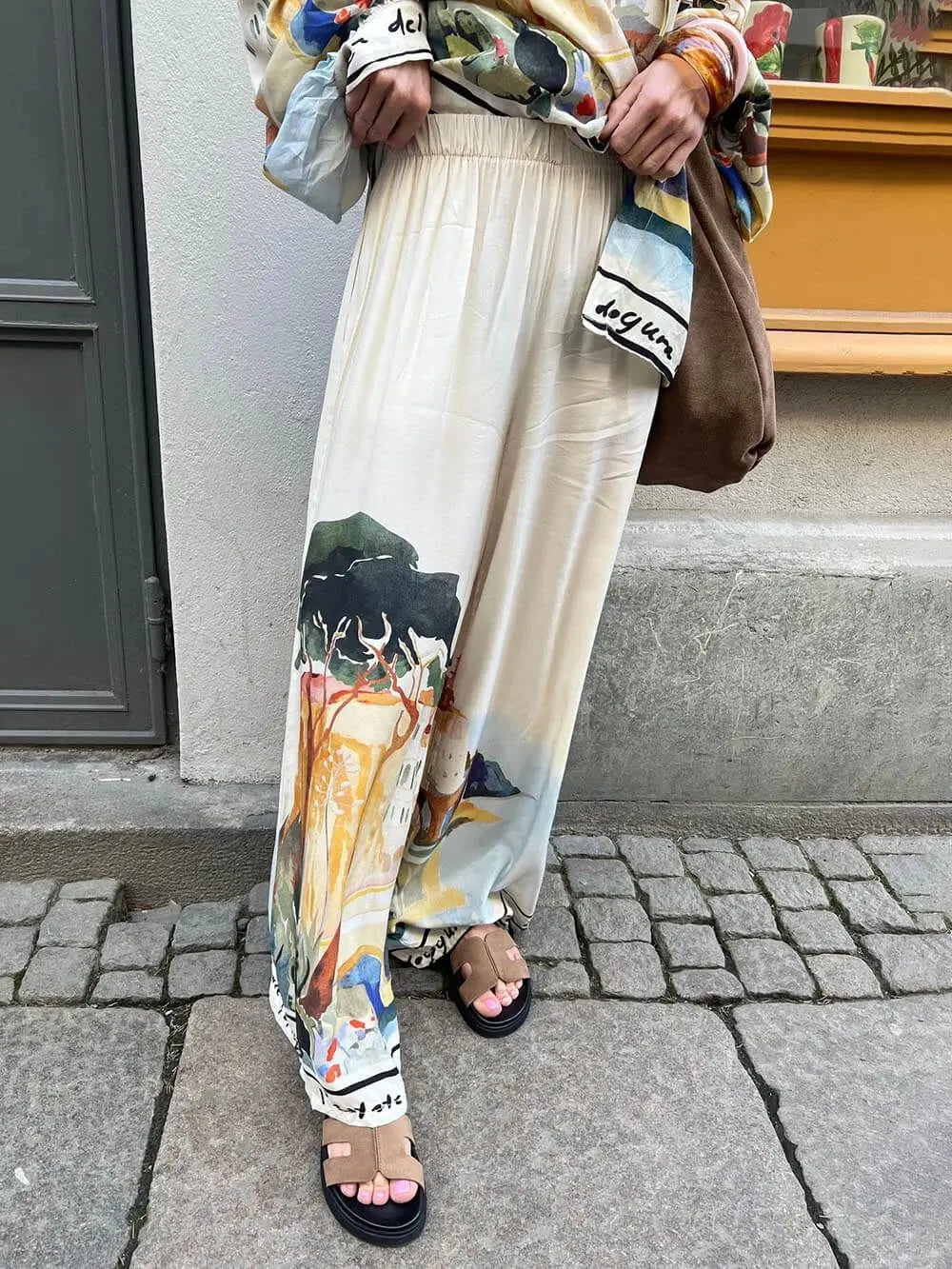 Fashion Printed 2 Piece Set Loose Lapel Buttoned Long Sleeved Shirt Elastic Waist Wide Leg Trousers Suit Spring Commuter Set