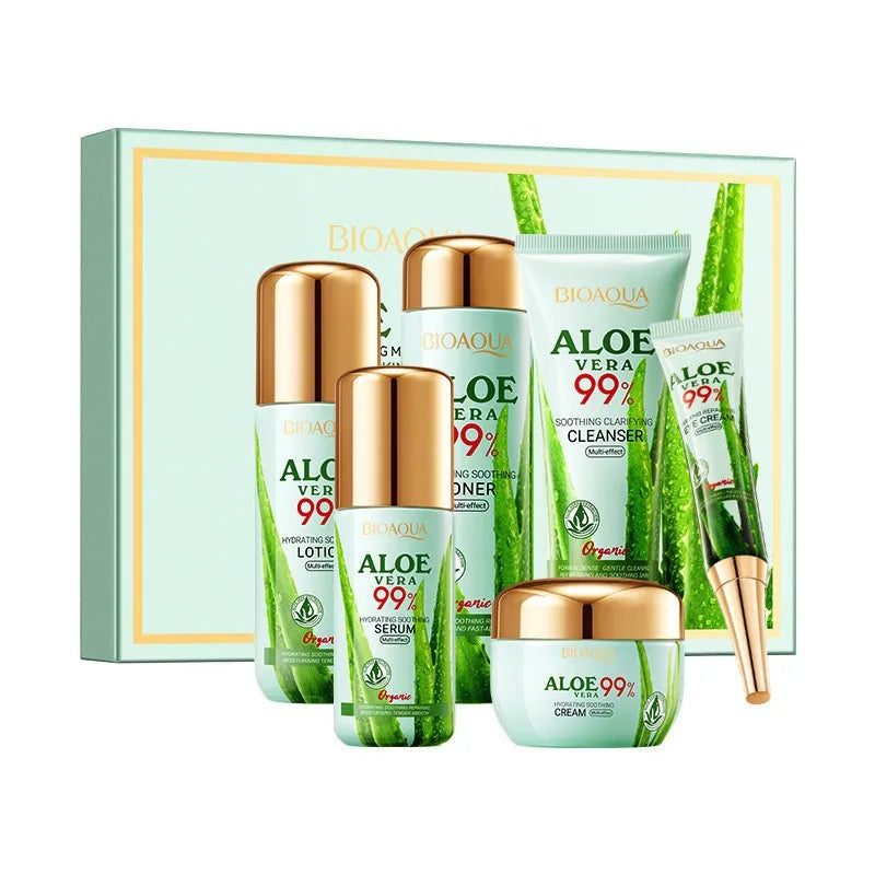 Aloe Vera Moisturizing and Beautifying Six-Piece Skincare Set, Including Facial Cleanser, Toner, Lotion, Essence, Face Cream, Eye Cream, Contains Sodium Hyaluronate, Aloe Vera Extract, and Other Ingredients, Daily Skincare Ro