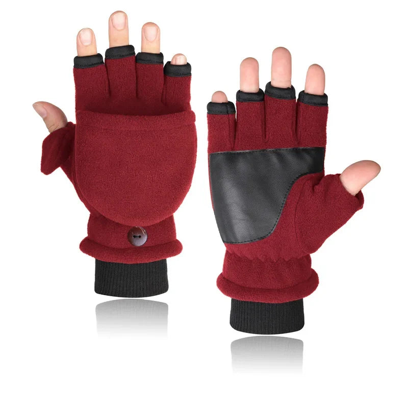 Winter Gloves Fingerless Convertible Warm Thermal Mittens Gloves Windproof Polar Fleece Warm men women double-layer Flap Gloves