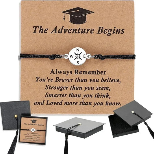 New graduation season and back-to-school season gifts: Doctoral cap gift box, stainless steel compass, woven bracelet, band card