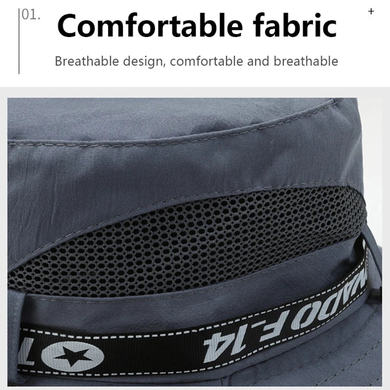 Windproof Men Outdoor Hat Wide Brim Flat Top Men Camping Hat Letter Print Anti-UV Strap Hollow Out Men Fisherman Hat Headwear