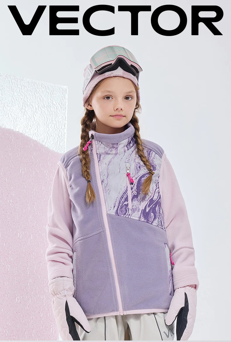 VECTOR Children Boy and Girl Color Clash Fleece Vest Mid Layer Warmth Lock Warm Quick Drying Ski Outdoor Sports Skiing Hiking