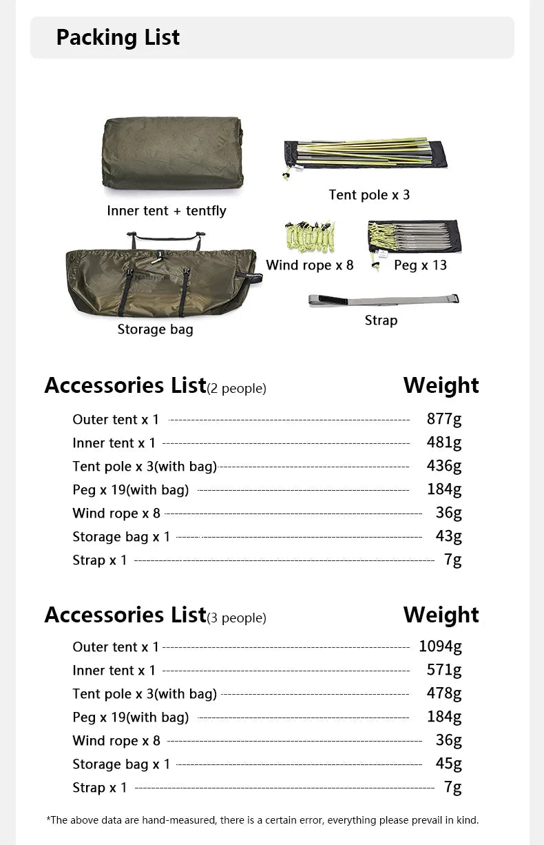 Naturehike Opalus UL 2-3 Man Hiking Tent Portable 4 Seasons High Strength 15D Nylon Backpack Trekking Tunnel Tent CNK2450WS036