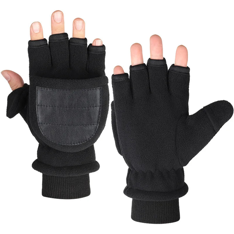 Winter Gloves Fingerless Convertible Warm Thermal Mittens Gloves Windproof Polar Fleece Warm men women double-layer Flap Gloves