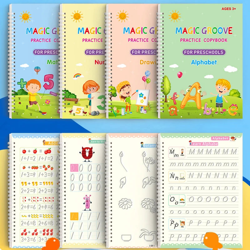 4Pcs Magic Groove Practice Copybook for Kids Reusable Writing Book Uses for Preschool English Calligraphy Free Wiping Learning