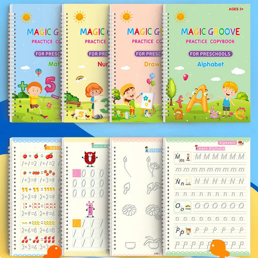 4Pcs Magic Groove Practice Copybook for Kids Reusable Writing Book Uses for Preschool English Calligraphy Free Wiping Learning