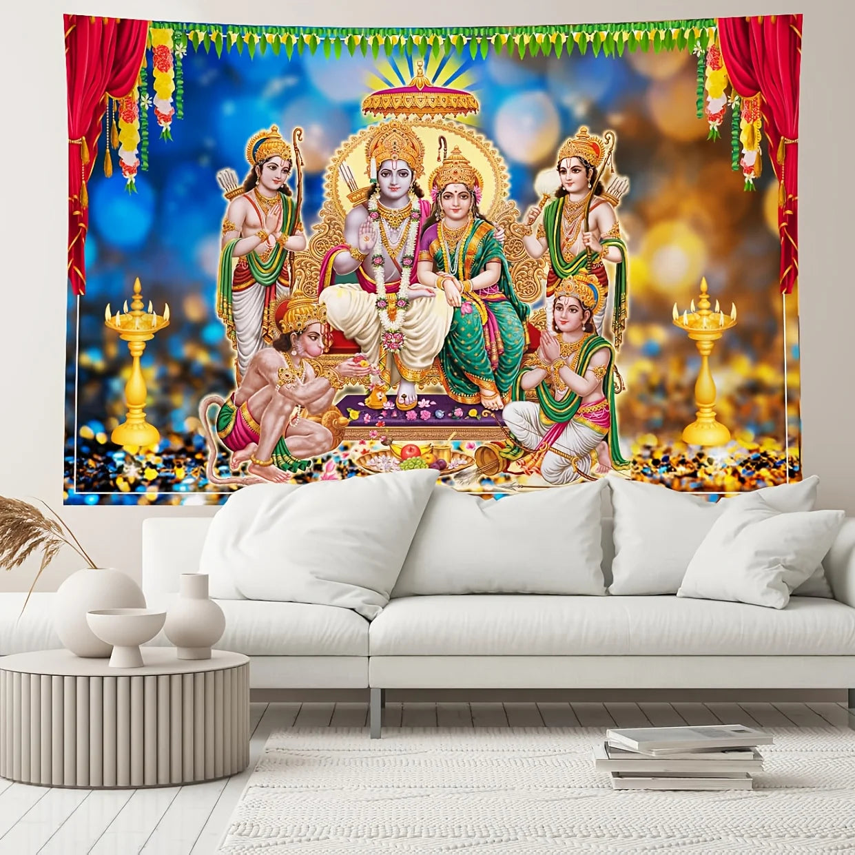 Indian Hindu deity background - including elephant head god, Ram Sita, and Hanuman - bright vinyl temple decorations