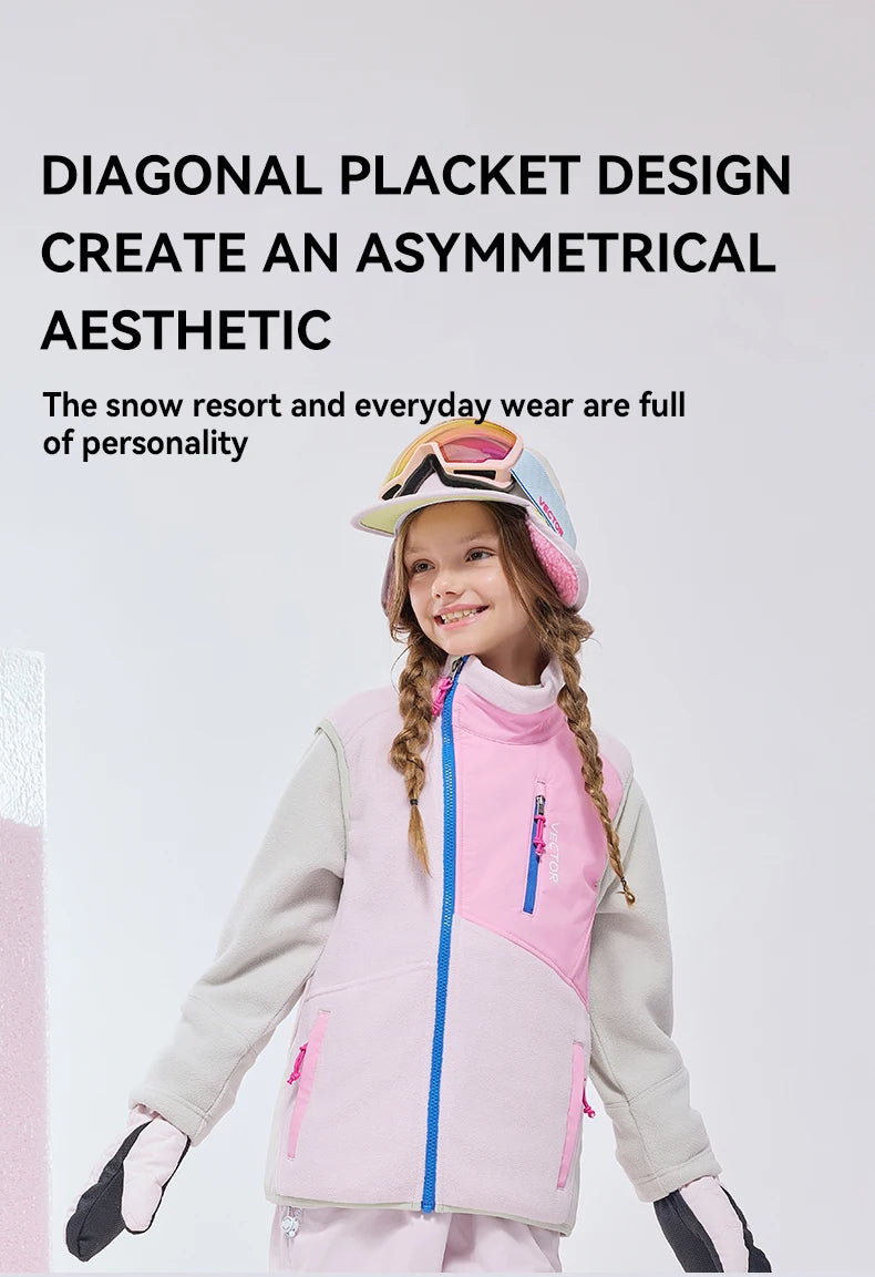 VECTOR Children Boy and Girl Color Clash Fleece Vest Mid Layer Warmth Lock Warm Quick Drying Ski Outdoor Sports Skiing Hiking