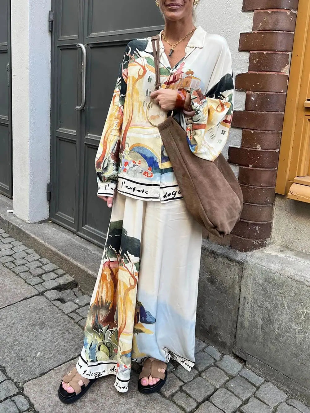 Fashion Printed 2 Piece Set Loose Lapel Buttoned Long Sleeved Shirt Elastic Waist Wide Leg Trousers Suit Spring Commuter Set